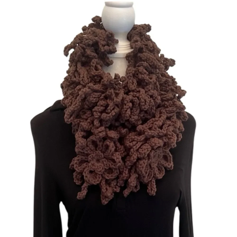 NWT Angela’s Design one of a kind hand crocheted brown loopy boa scarf 68” long